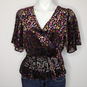 Modcloth Mystifying Musings Colorful Velvet Polka Dot V Neck Peplum Blouse M